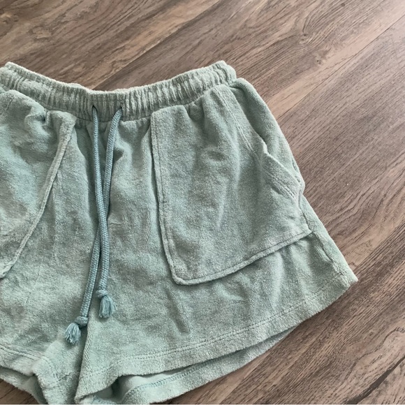 Zara Green Terry Towel Shorts Womens Medium M Front Pockets Drawstring - Picture 3 of 7
